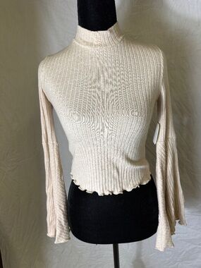 Cream Ribbed Knit Mock Neck Top with Bell Sleeves